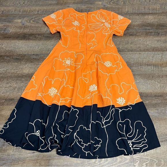 Eshakti Dress Orange Navy Blue Floral Print Custom Fit And Flare Midi Small? - Picture 7 of 8